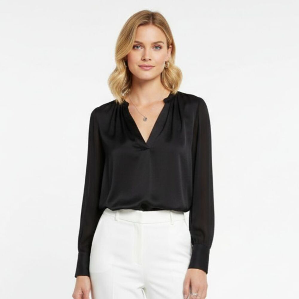 Vince Black Long Sleeve V Neck High Low Hem Blouse Top Shirt M